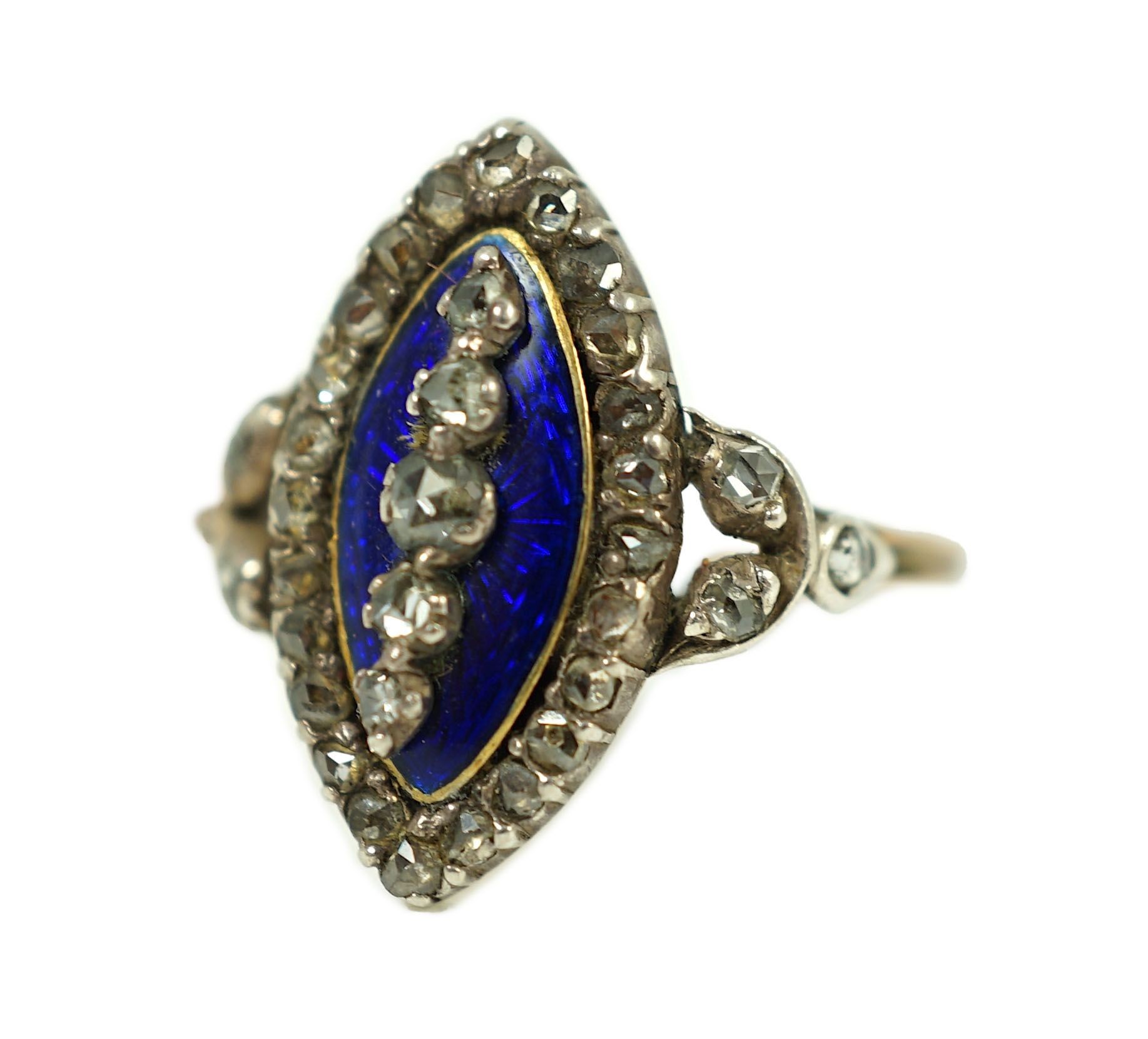 An 19th century gold, rose cut diamond and blue guilloche enamel set marquise shaped ring